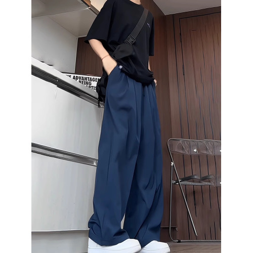 藏藍色休閒褲男士潮牌美式復古夏季薄款男褲冰絲速乾褲垂感濶腿褲