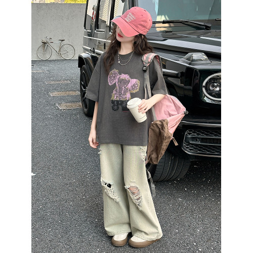 女童短袖T恤2025夏季新款韓版女孩潮牌寬松夏款中大童設計感上衣T