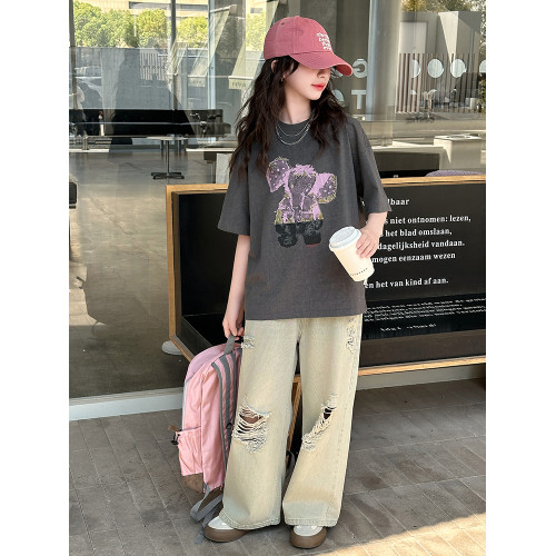 女童短袖T恤2025夏季新款韓版女孩潮牌寬松夏款中大童設計感上衣T