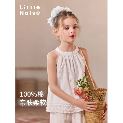 Little Naive兒童法式掛脖上衣夏款白色鏤空刺綉背心女童無袖T恤