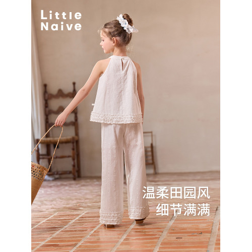 Little Naive兒童法式掛脖上衣夏款白色鏤空刺綉背心女童無袖T恤