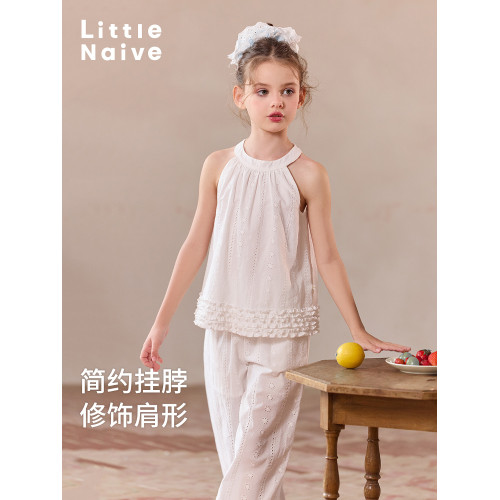 Little Naive兒童法式掛脖上衣夏款白色鏤空刺綉背心女童無袖T恤