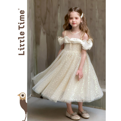 Little time女童公主裙2025夏季小女孩泡泡袖洋氣連衣裙生日禮服