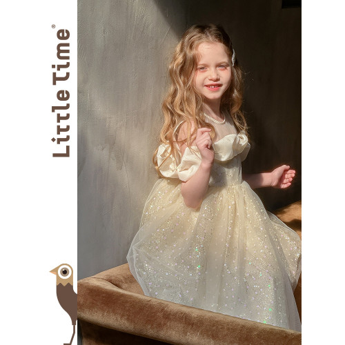 Little time女童公主裙2025夏季小女孩泡泡袖洋氣連衣裙生日禮服