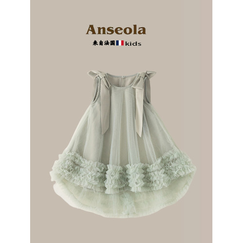 法國Anseola童裝女童蝴蝶結吊帶網紗公主裙子女孩禮服連衣裙夏季