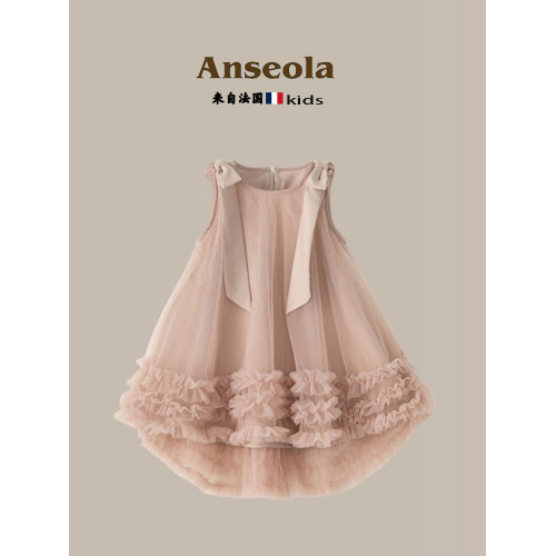 法國Anseola童裝女童蝴蝶結吊帶網紗公主裙子女孩禮服連衣裙夏季