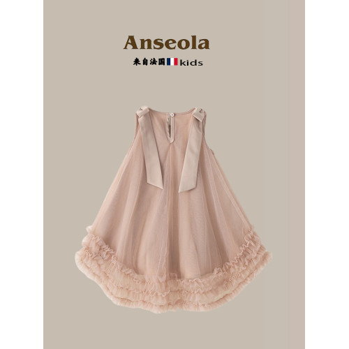 法國Anseola童裝女童蝴蝶結吊帶網紗公主裙子女孩禮服連衣裙夏季