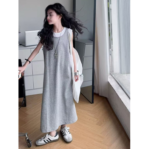 女童夏季連衣裙兒童假兩件長款背心吊帶裙女孩慵懶風修身無袖裙子