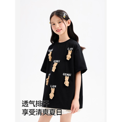 女童短袖T恤2025夏季兒童薄款涼感立體兔子中大童休閒百搭上衣潮
