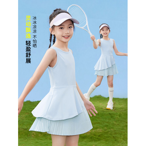 女童連衣裙兒童羽毛球服背心冰絲女大童運動速乾衣裙子網球裙夏季