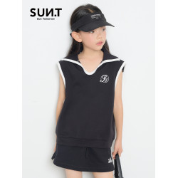 suntomorrow童裝2025新款夏無袖女寬松學院風背心T恤兒童黑色上衣