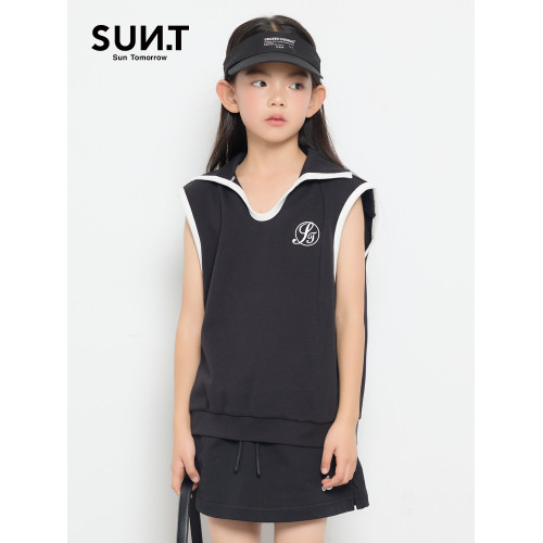suntomorrow童裝2025新款夏無袖女寬松學院風背心T恤兒童黑色上衣