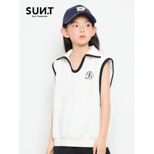 suntomorrow童裝2025新款夏無袖女寬松學院風背心T恤兒童黑色上衣
