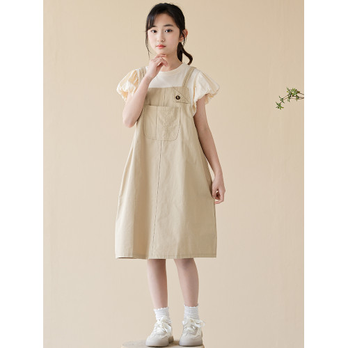 女童連衣裙2025新款夏季韓版女大童假兩件背帶裙子女孩氣質公主裙