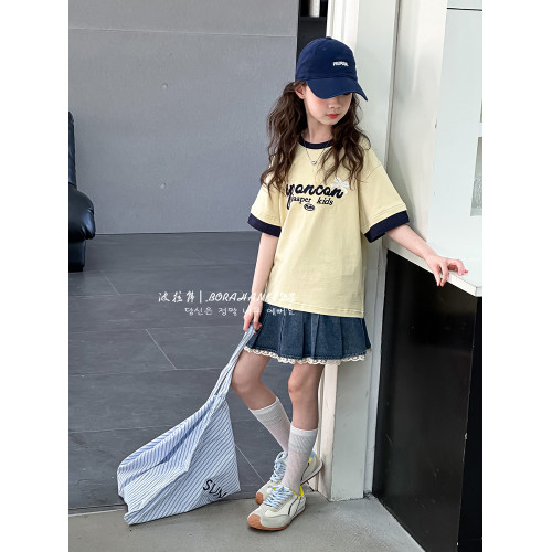 波拉韓女童短袖夏季兒童刺綉字母T恤2025新款中大童寬松體恤t夏裝