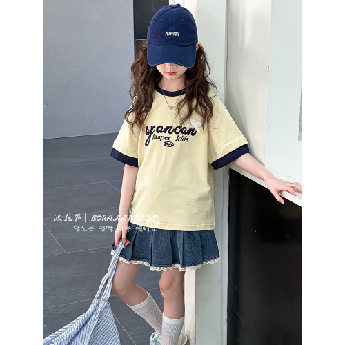 波拉韓女童短袖夏季兒童刺綉字母T恤2025新款中大童寬松體恤t夏裝