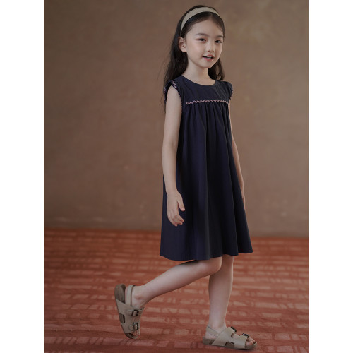 哈齒童裝夏季薄款兒童韓版裙子藏青色背心裙女童中長連衣裙中大童