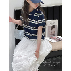 孫小美kids 女童短款polo衫2025夏裝新款兒童短袖T恤大童條紋上衣