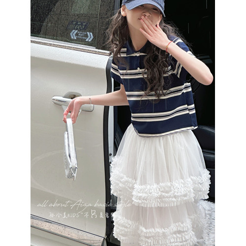 孫小美kids 女童短款polo衫2025夏裝新款兒童短袖T恤大童條紋上衣