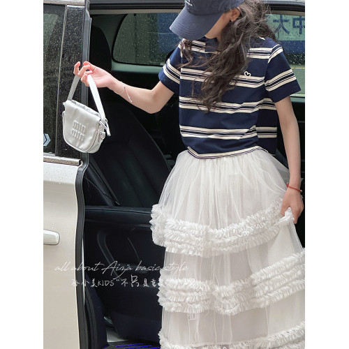 孫小美kids 女童短款polo衫2025夏裝新款兒童短袖T恤大童條紋上衣