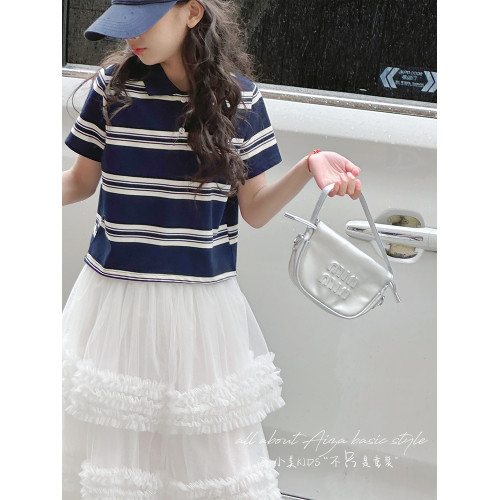 孫小美kids 女童短款polo衫2025夏裝新款兒童短袖T恤大童條紋上衣