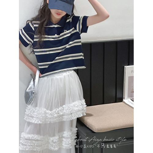 孫小美kids 女童短款polo衫2025夏裝新款兒童短袖T恤大童條紋上衣