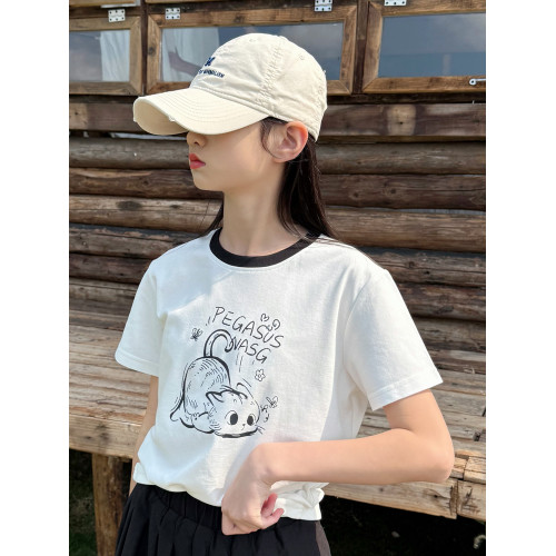 女童T恤短袖2025夏季新款中大童洋氣圓領短袖體恤親膚透氣正肩袖