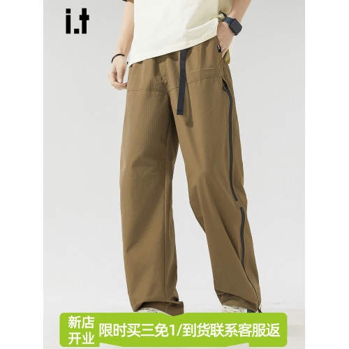 it izzue戶外機能風黑色休閒褲男夏季薄款格紋面料寬鬆直筒工裝褲