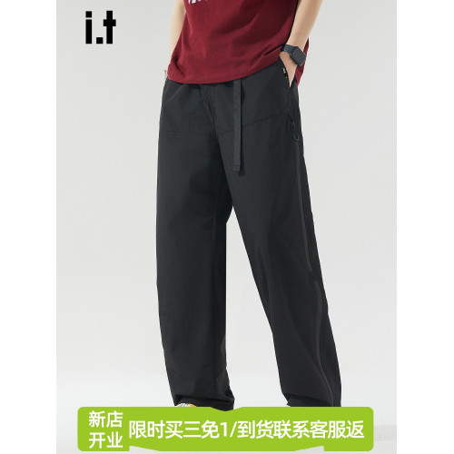it izzue戶外機能風黑色休閒褲男夏季薄款格紋面料寬鬆直筒工裝褲