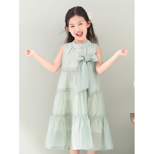 女童連衣裙2025夏季兒童蝴蝶結系帶壓皺雪紡韓版甜美掛脖連衣裙