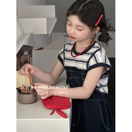 波拉韓夏季女童連衣裙兒童短袖牛仔裙2025夏裝小女孩假兩件裙子