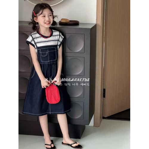 波拉韓夏季女童連衣裙兒童短袖牛仔裙2025夏裝小女孩假兩件裙子