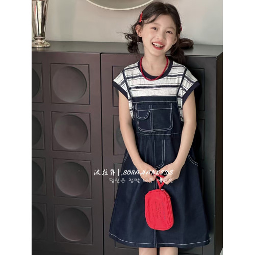 波拉韓夏季女童連衣裙兒童短袖牛仔裙2025夏裝小女孩假兩件裙子