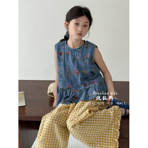 波拉韓兒童無袖娃娃衫夏季女童碎花襯衫2025新款中大童洋氣襯背心