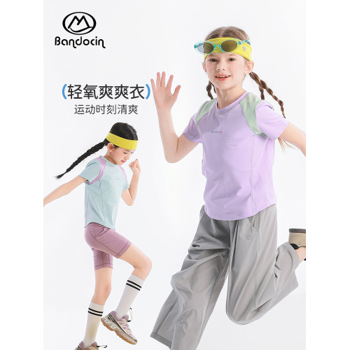 半度閒女童高彈運動上衣短袖t恤夏季薄款2025新款兒童夏裝半袖潮T