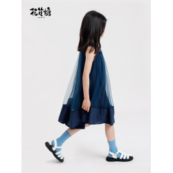 花笙糖高級簡約大童女童連衣裙夏裝兒童藍色公主裙小女孩網紗裙子