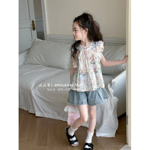 女童法式小飛袖襯衫夏季童裝2025小女孩碎花娃娃衫中大童甜美短袖