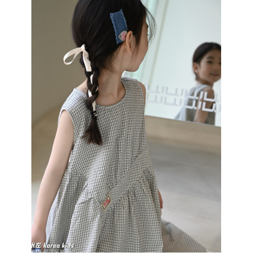 2025夏季新款韓版兒童設計感格子連衣裙女童簡約泡泡棉無袖背心裙