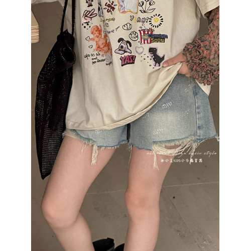 韓國童裝女童夏裝燙鑽牛仔褲兒童洋氣短褲2025新款中大童時髦褲子