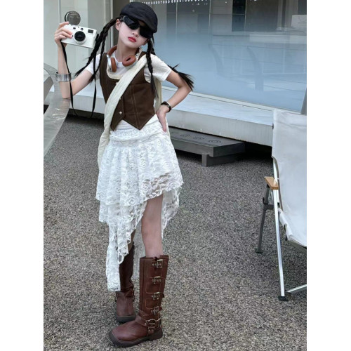 女童短袖馬甲不規則蛋糕裙夏裝三件套兒童森系時尚蕾絲半身裙套裝