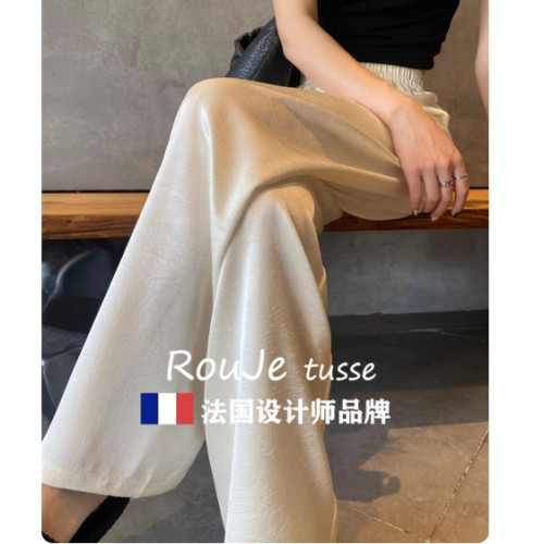 Rouje tusse肌理感褶皺三醋酸緞面濶腿褲女白色綢緞褲垂感冰絲褲