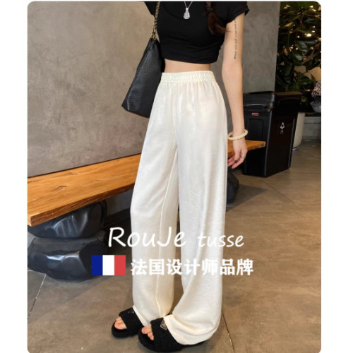 Rouje tusse肌理感褶皺三醋酸緞面濶腿褲女白色綢緞褲垂感冰絲褲