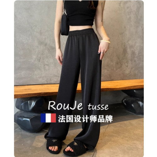Rouje tusse肌理感褶皺三醋酸緞面濶腿褲女白色綢緞褲垂感冰絲褲