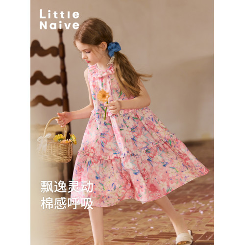 Little Naive兒童連衣裙夏季新款法式花邊領裙子女童蛋糕背心裙