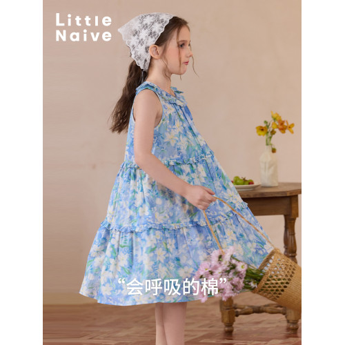 Little Naive兒童連衣裙夏季新款法式花邊領裙子女童蛋糕背心裙