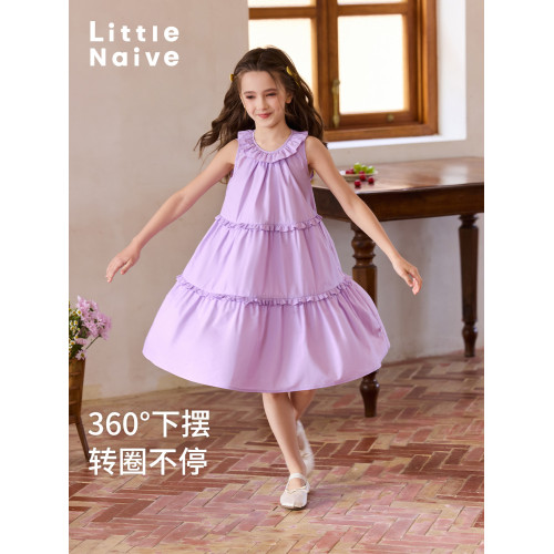 Little Naive兒童連衣裙夏季新款法式花邊領裙子女童蛋糕背心裙