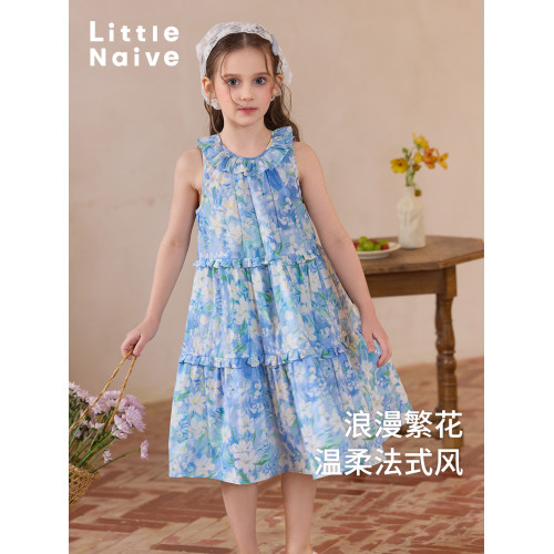Little Naive兒童連衣裙夏季新款法式花邊領裙子女童蛋糕背心裙