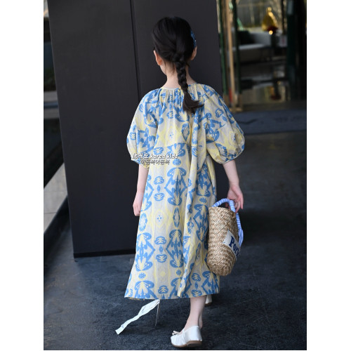 森系女童連衣裙2025夏季洋氣兒童寬松裙子女孩碎花公主長裙中大童