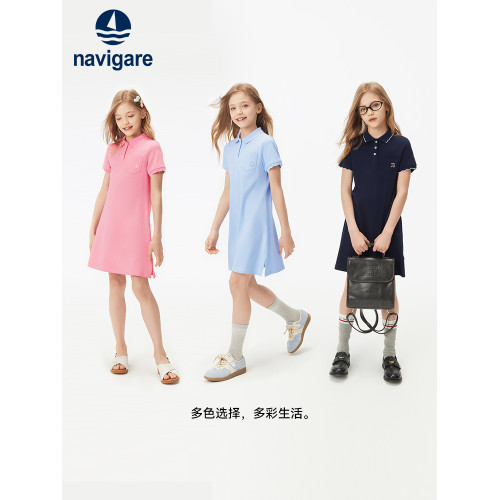 Navigare意大利小帆船童裝女童短袖連衣裙2025年夏季洋氣兒童裙子