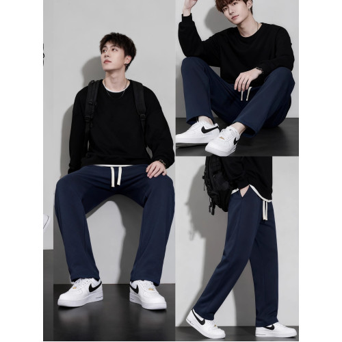 秋冬季加絨保暖直筒褲男款寬鬆休閒褲純棉青少年衛褲加厚運動長褲